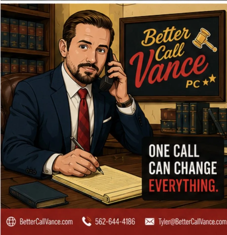 Better Call Vance ad: Tyler Vance at his desk on the phone. Text: One call can change everything. BetterCallVance.com, 562-644-4186, Tyler@BetterCallVance.com