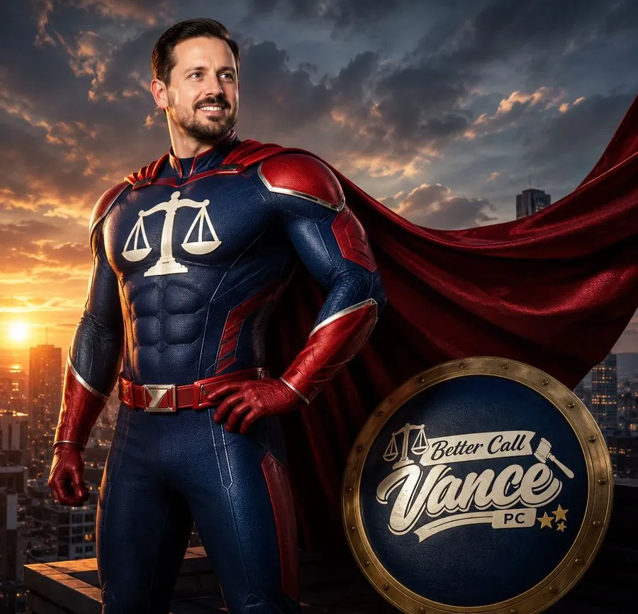 Illustration of Tyler Vance as a superhero with a scales-of-justice emblem and red cape, next to a Better Call Vance badge