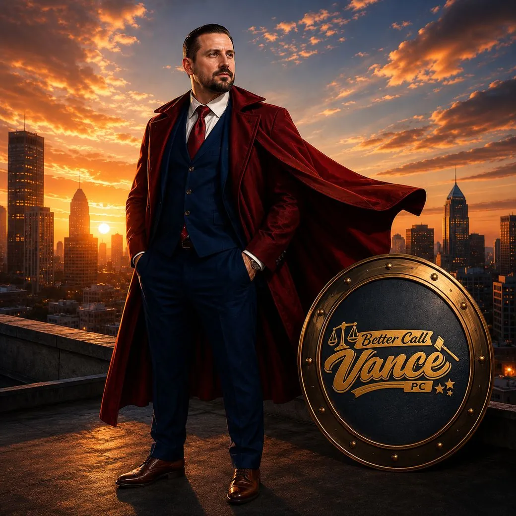 Illustration of Tyler Vance in a suit and red cape on a city rooftop at sunset, next to a Better Call Vance badge