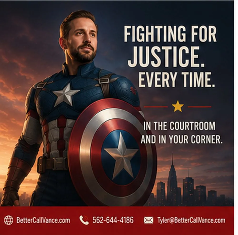Better Call Vance ad: Tyler Vance as a shield-carrying superhero. Text: Fighting for justice. Every time. In the courtroom and in your corner. BetterCallVance.com, 562-644-4186, Tyler@BetterCallVance.com
